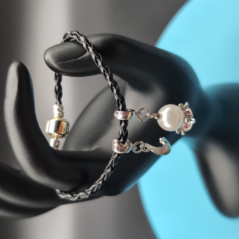 Braided Black Charm Bracelet With Moon and Faux Pearl Snow Globe Charms